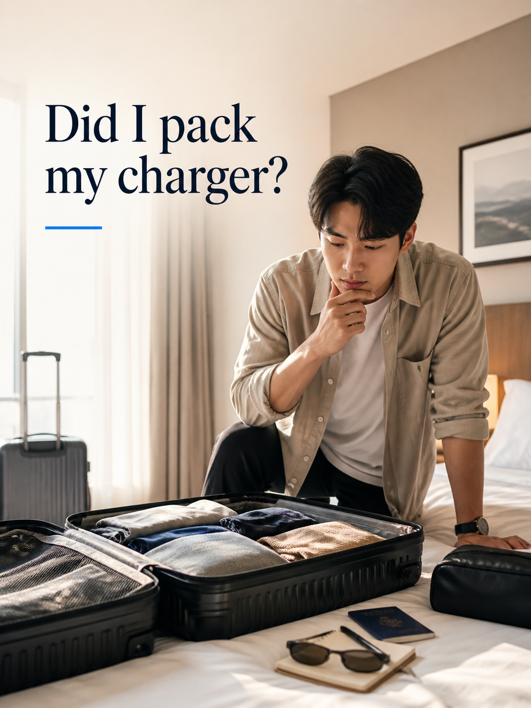 A traveler looking into an open suitcase and wondering whether he packed his charger.