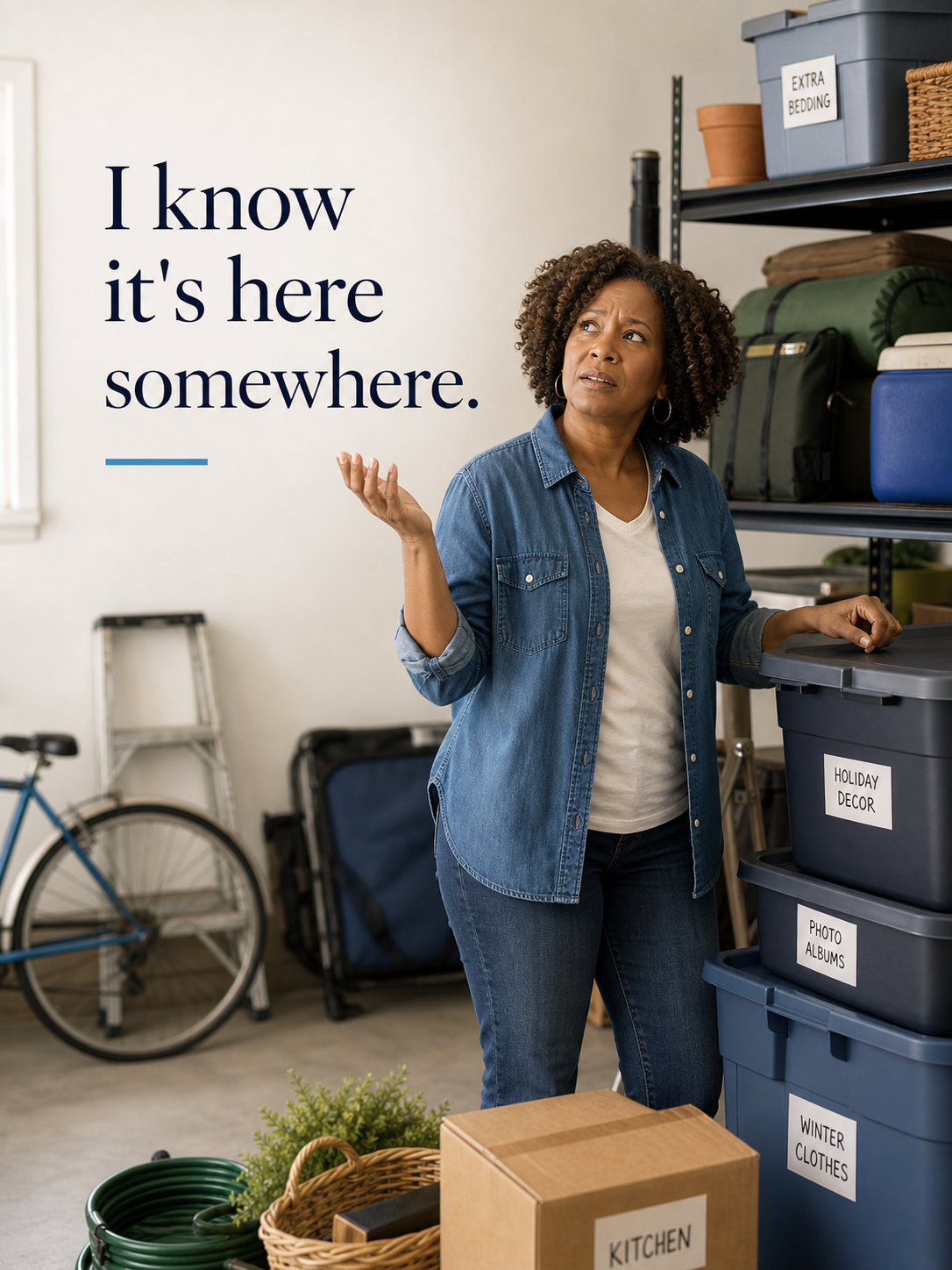 A woman in a garage looking at labeled storage bins and trying to remember where an item is.
