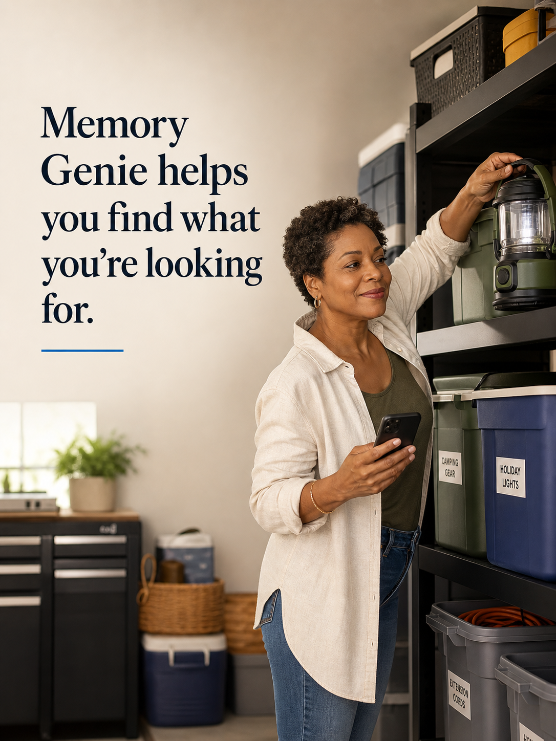 A woman in a garage using Memory Genie on her phone to find a stored item.