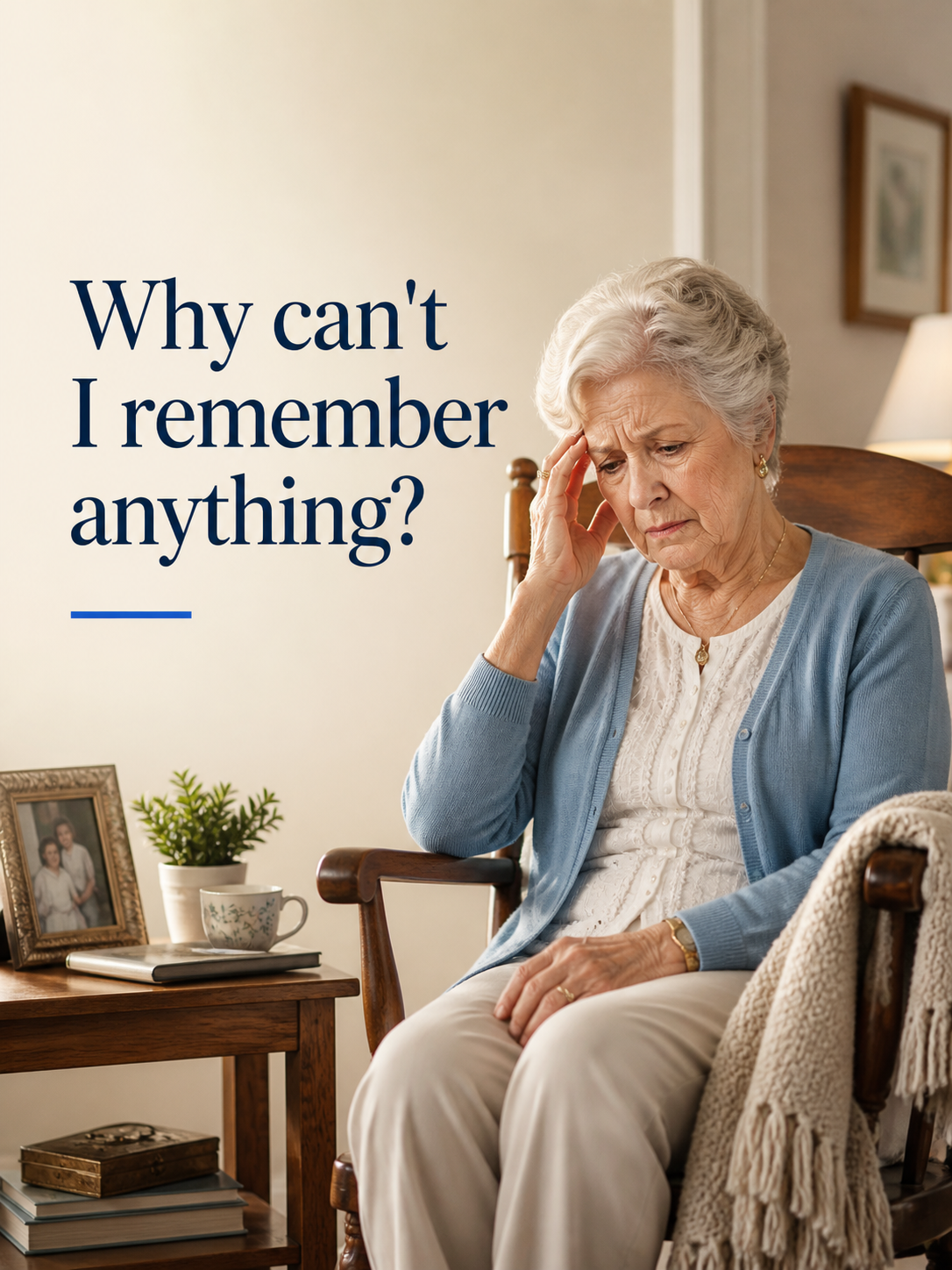 An older woman sitting in a chair, worried because she cannot remember something.