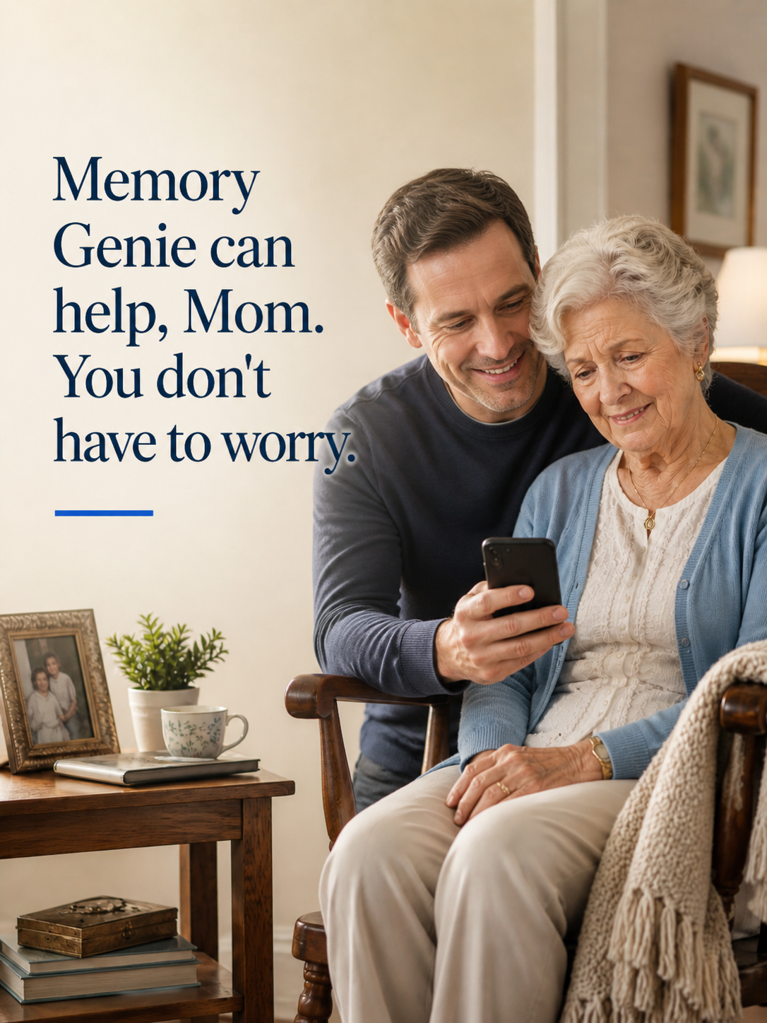 An older woman smiling at a phone with a family member showing her how Memory Genie can help.
