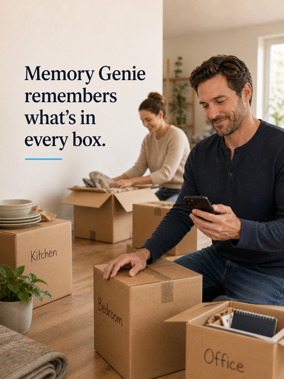 A man checking his phone while moving boxes as Memory Genie remembers what is in each box.