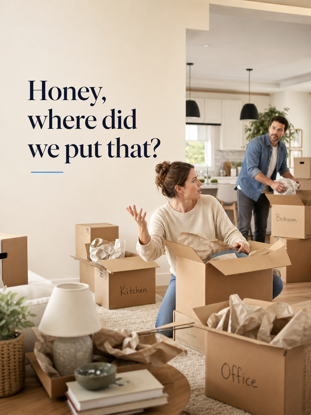 A couple surrounded by moving boxes, wondering where they packed something.