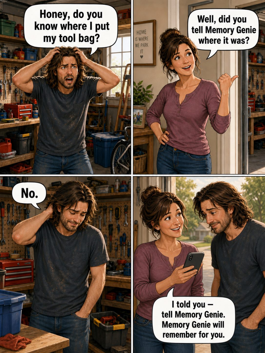 A four-panel comic showing Memory Genie helping someone find where a tool bag was stored.