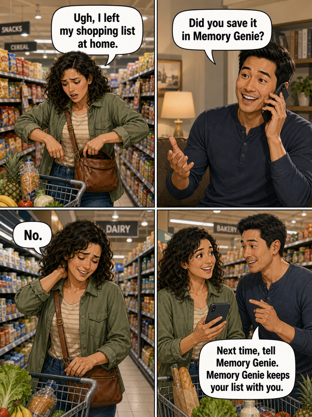 A four-panel comic showing Memory Genie helping someone recover a forgotten shopping list.