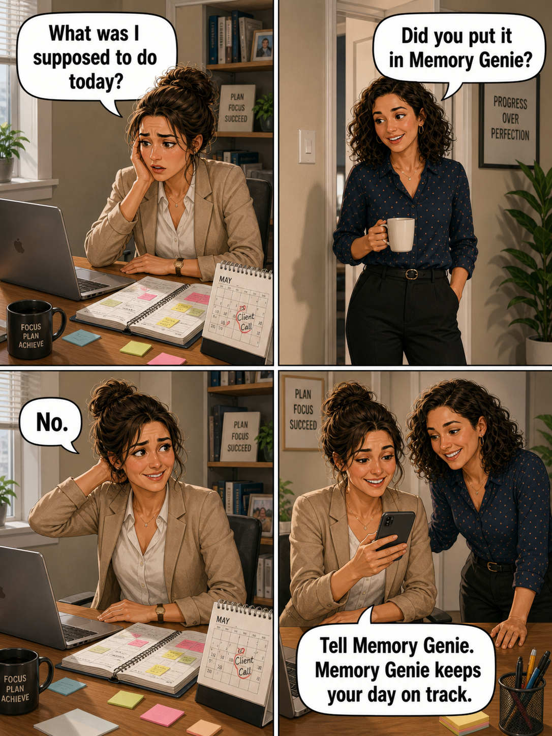 A four-panel comic showing Memory Genie helping someone remember what they needed to do today.